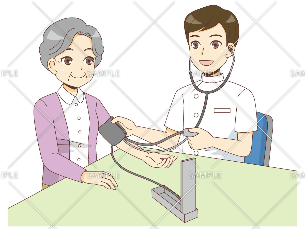 男性看護師による血圧測定（デイサービス・デイケア/施設・サービス）のイラスト