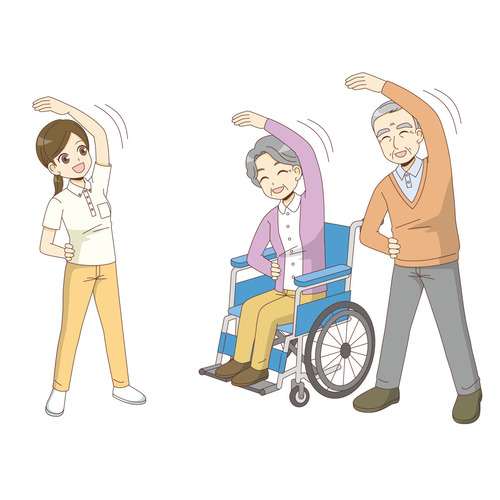 介護施設で体操をする高齢者（デイサービス・デイケア/施設・サービス）のイラスト