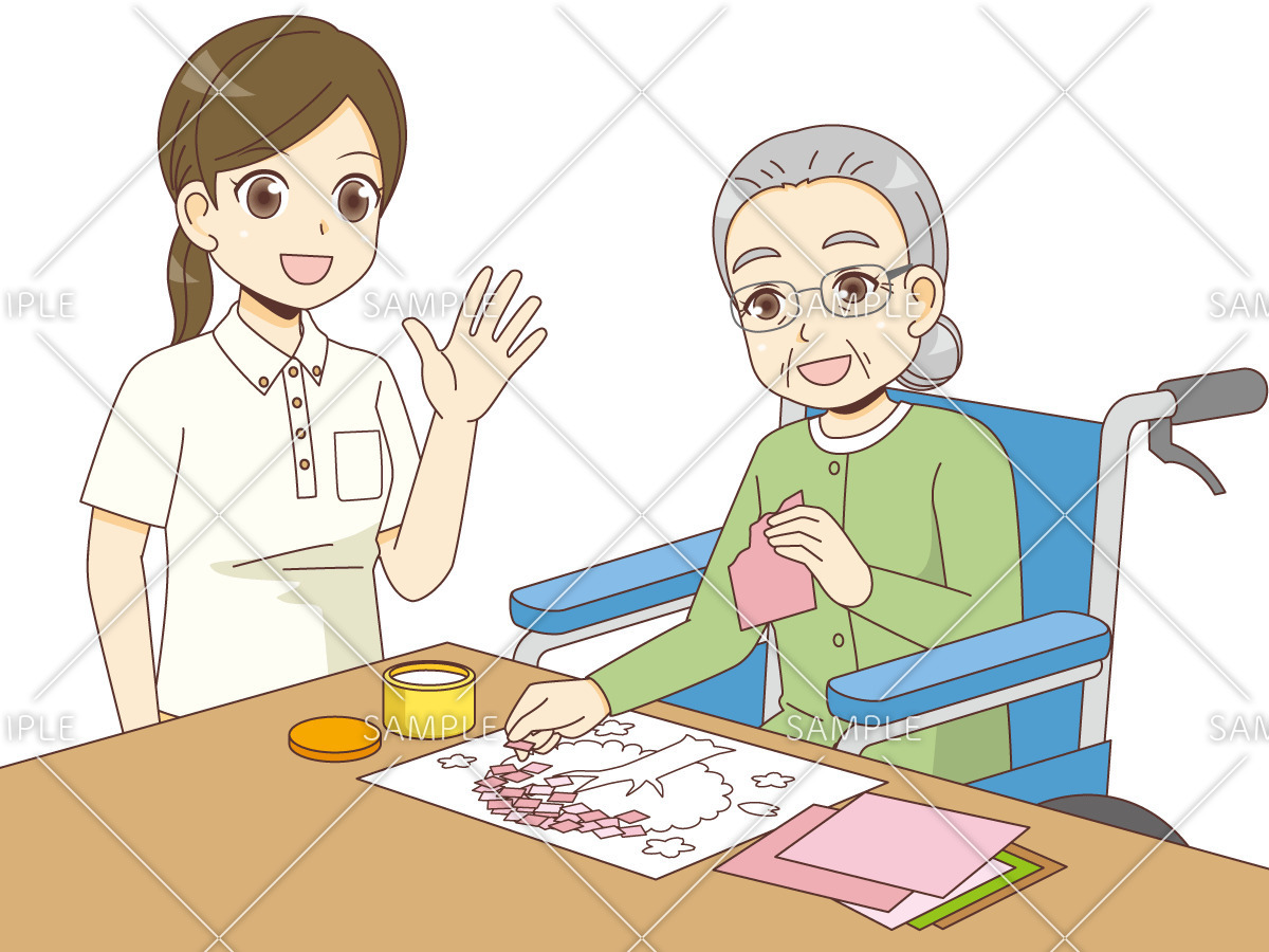 介護施設で貼り絵を楽しむ女性高齢者（デイサービス・デイケア/施設・サービス）のイラスト