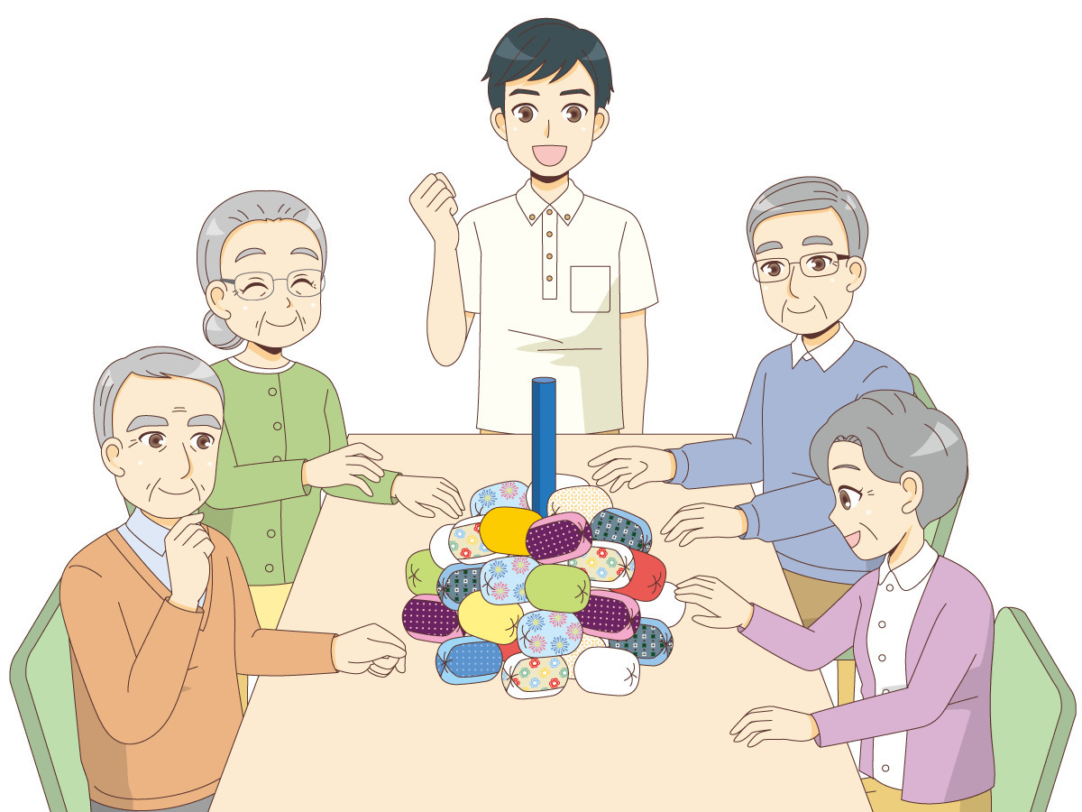 介護施設でお手玉くずしを楽しむ高齢者 レクリエーション イベント 介護 生活 の無料イラスト 介護アンテナ