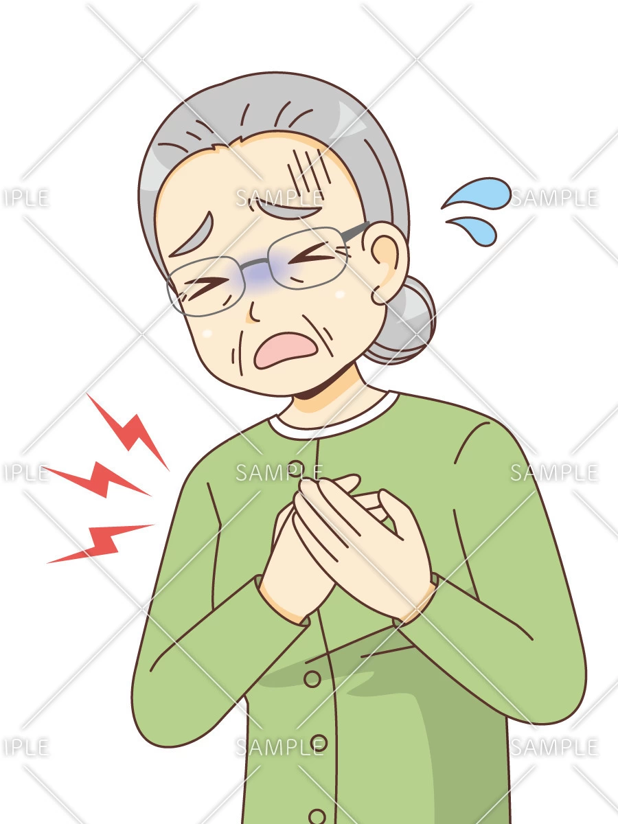 胸を押さえる女性高齢者（その他高齢者の病気・怪我・事故/医療・病気）のイラスト