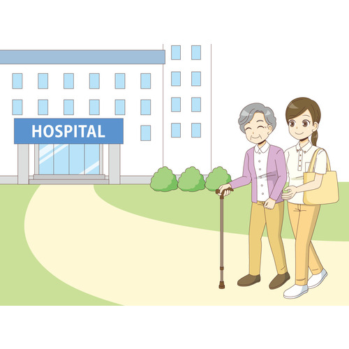 病院の付き添いをする女性ホームヘルパー（訪問介護・訪問看護/施設・サービス）のイラスト