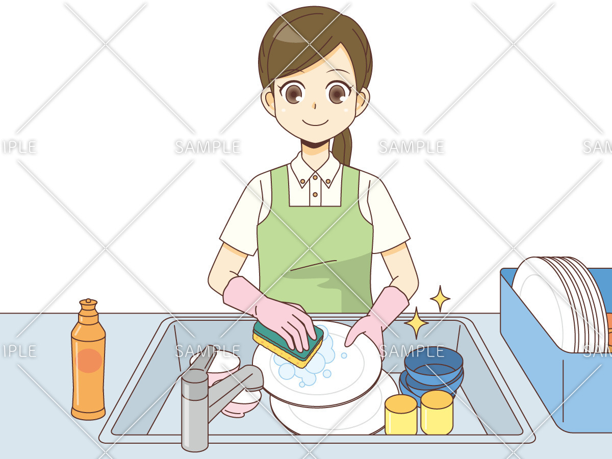お皿洗いをする女性ホームヘルパー（訪問介護・訪問看護/施設・サービス）のイラスト
