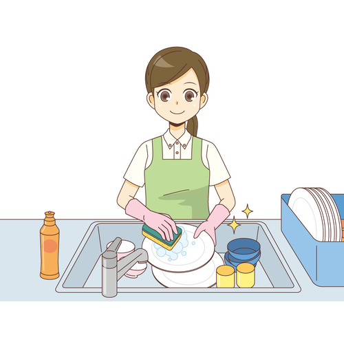 お皿洗いをする女性ホームヘルパー（訪問介護・訪問看護/施設・サービス）のイラスト