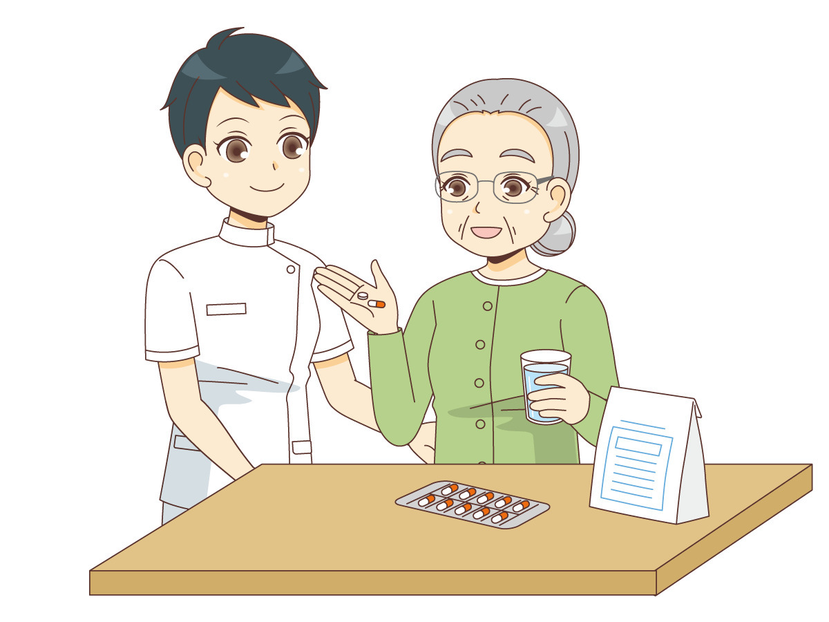 薬を飲む女性高齢者を見守る女性看護師 訪問介護 訪問看護 施設 サービス の無料イラスト 介護アンテナ