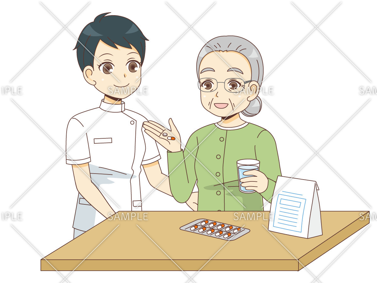 薬を飲む女性高齢者を見守る女性看護師（訪問介護・訪問看護/施設・サービス）のイラスト