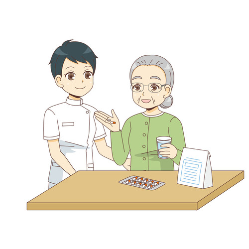 薬を飲む女性高齢者を見守る女性看護師（訪問介護・訪問看護/施設・サービス）のイラスト