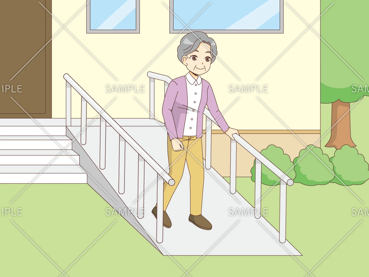 スロープを歩く女性高齢者（バリアフリー/福祉用具）のイラスト