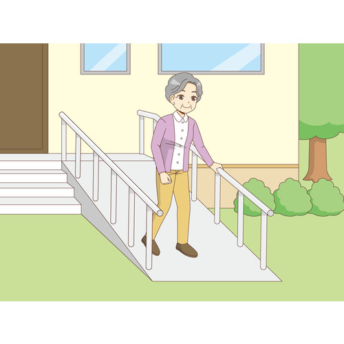 スロープを歩く女性高齢者（バリアフリー/福祉用具）のイラスト