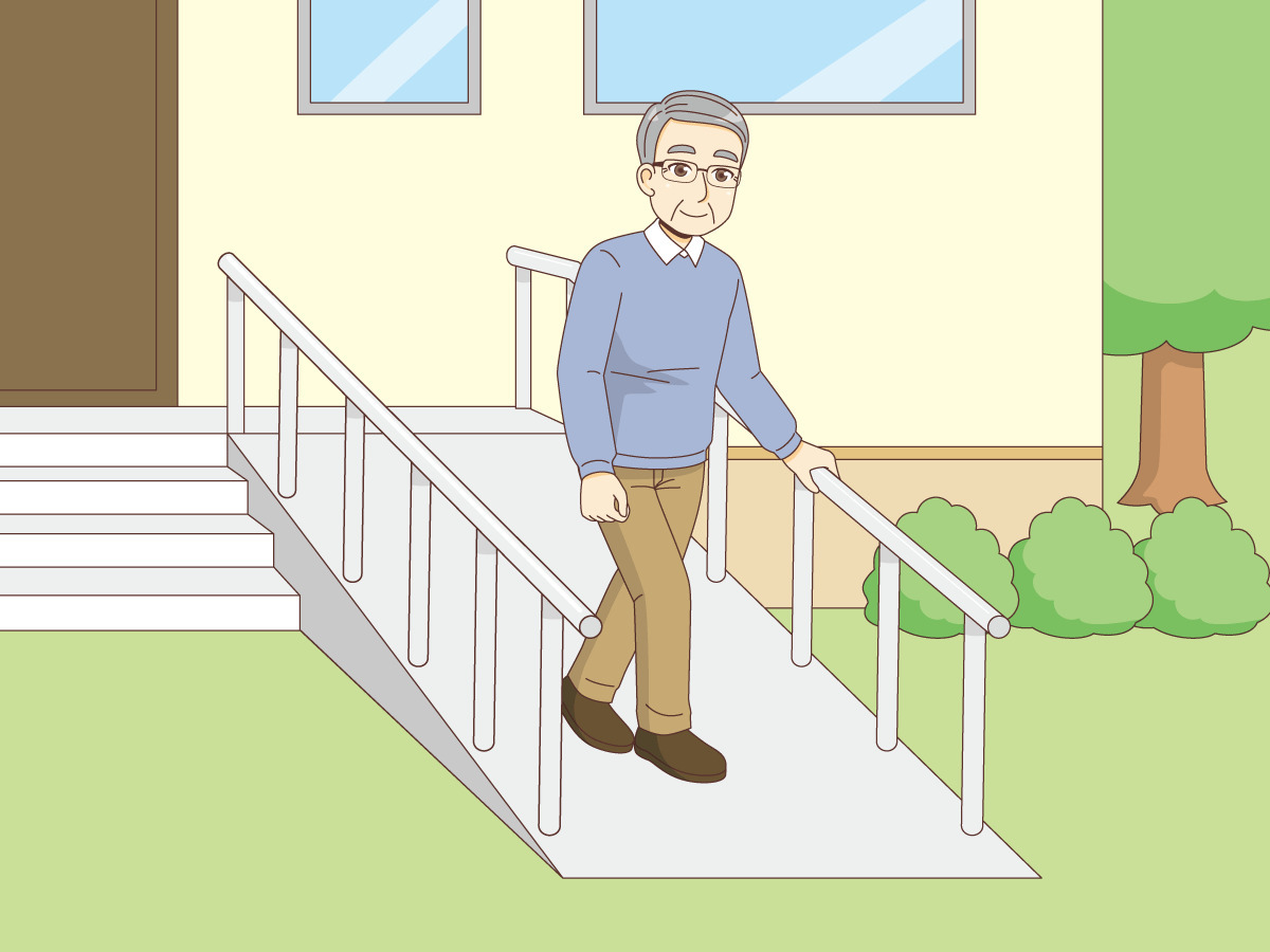 スロープを歩く男性高齢者 バリアフリー 福祉用具 の無料イラスト 介護アンテナ