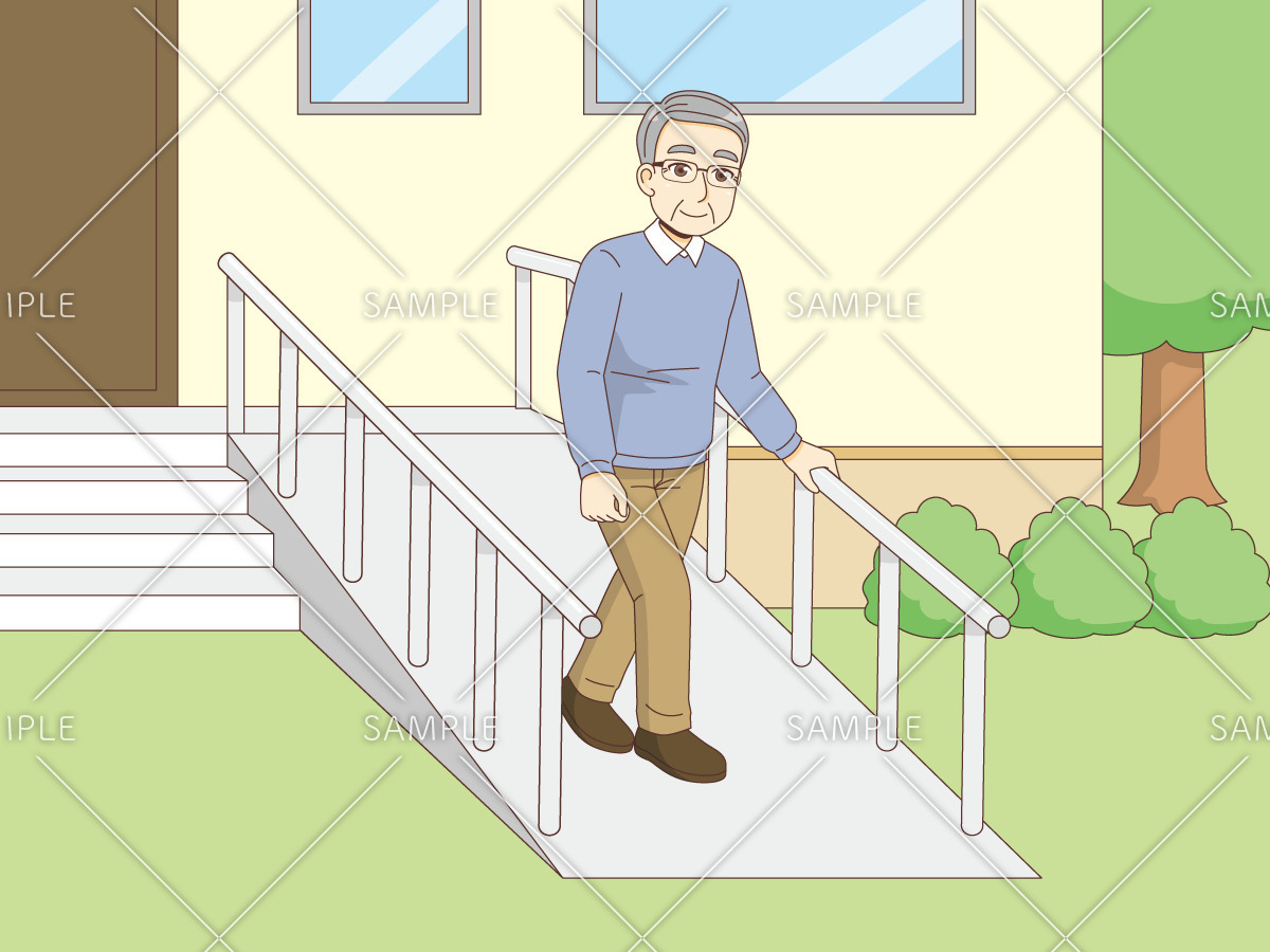 スロープを歩く男性高齢者（バリアフリー/福祉用具）のイラスト