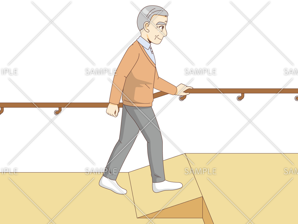 段差解消スロープを歩く男性高齢者 バリアフリー 福祉用具 の無料イラスト 介護アンテナ