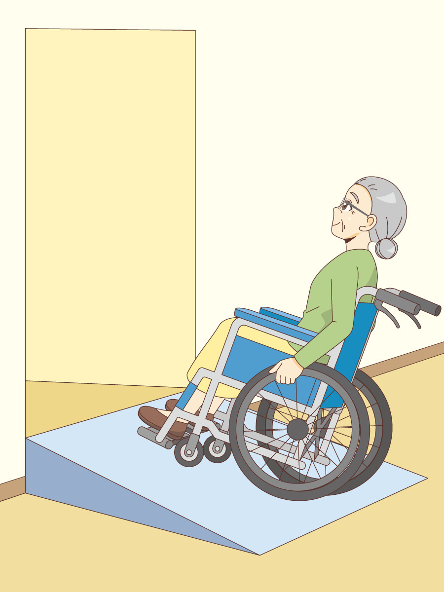段差解消スロープを利用している車椅子 車いす の女性高齢者 バリアフリー 福祉用具 の無料イラスト 介護アンテナ