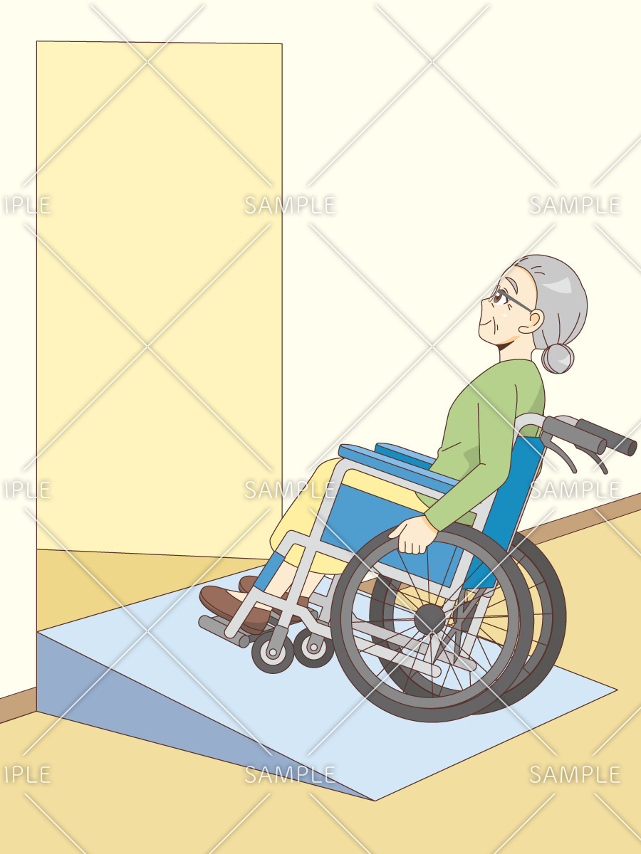 段差解消スロープを利用している車椅子（車いす）の女性高齢者（バリアフリー/福祉用具）のイラスト