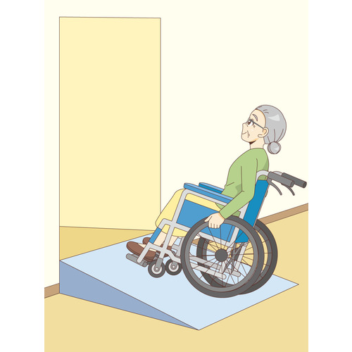 段差解消スロープを利用している車椅子（車いす）の女性高齢者（バリアフリー/福祉用具）のイラスト