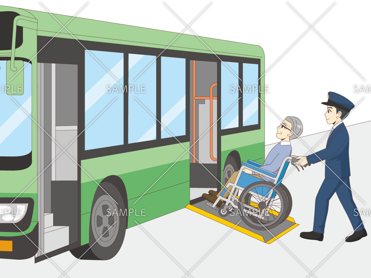 バスに乗る車椅子（車いす）の男性高齢者（バリアフリー/福祉用具）のイラスト