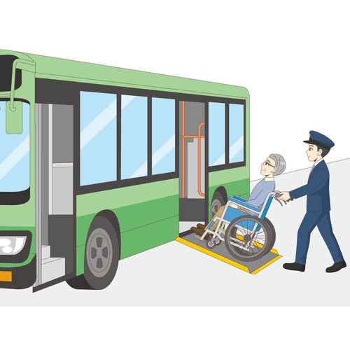 バスに乗る車椅子（車いす）の男性高齢者（バリアフリー/福祉用具）のイラスト