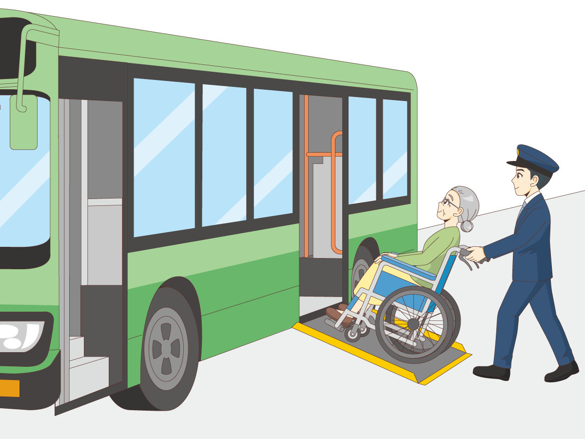 バスに乗る車椅子 車いす の女性高齢者 バリアフリー 福祉用具 の無料イラスト 介護アンテナ