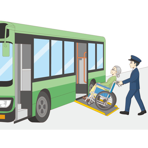 バスに乗る車椅子（車いす）の女性高齢者（バリアフリー/福祉用具）のイラスト