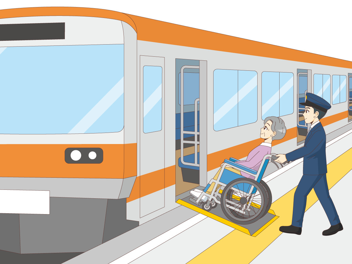 電車に乗る車椅子 車いす の女性高齢者 バリアフリー 福祉用具 の無料イラスト 介護アンテナ