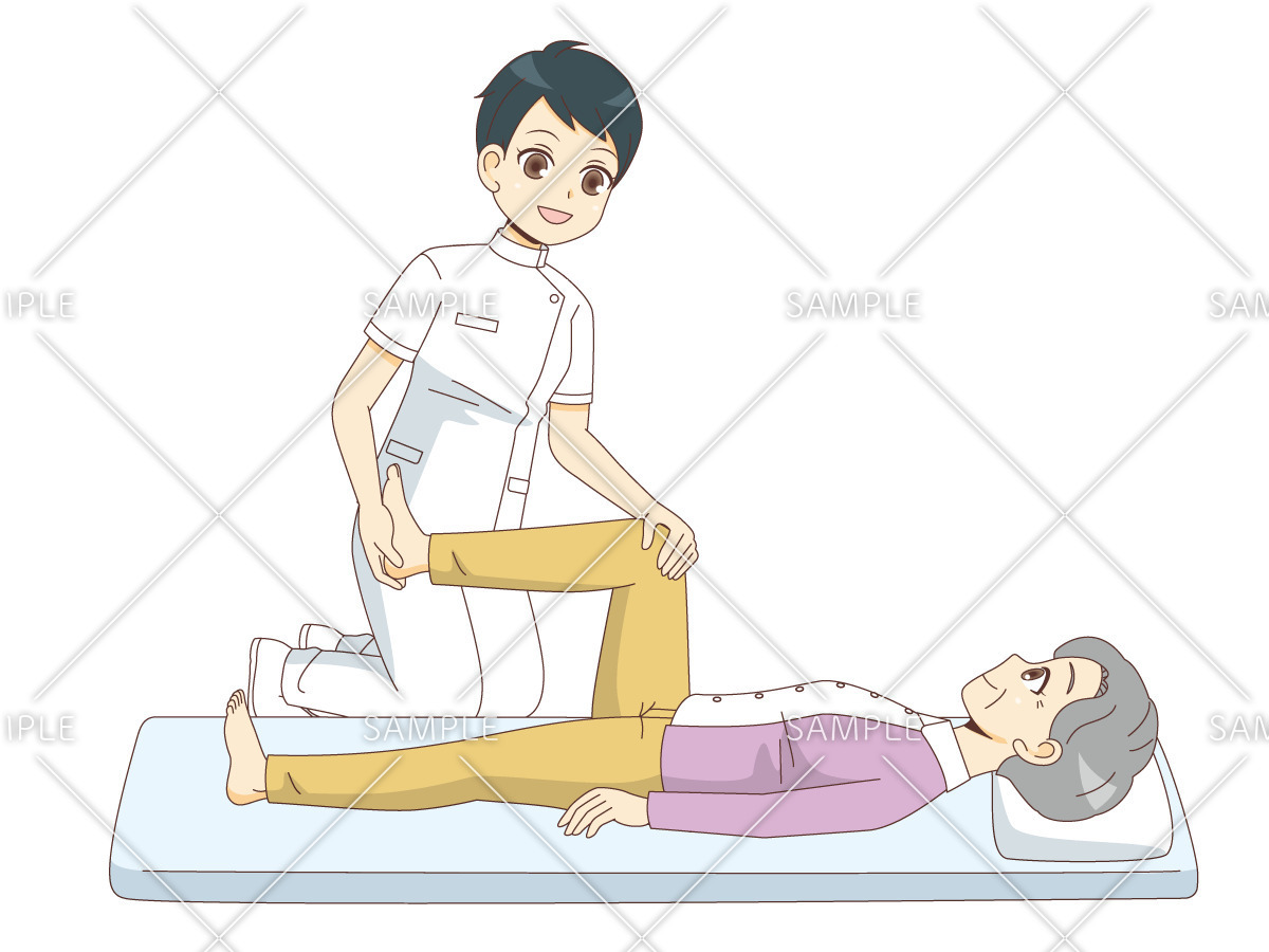 マッサージによるリハビリテーションを行う女性高齢者（足）（リハビリ/介護・生活）のイラスト