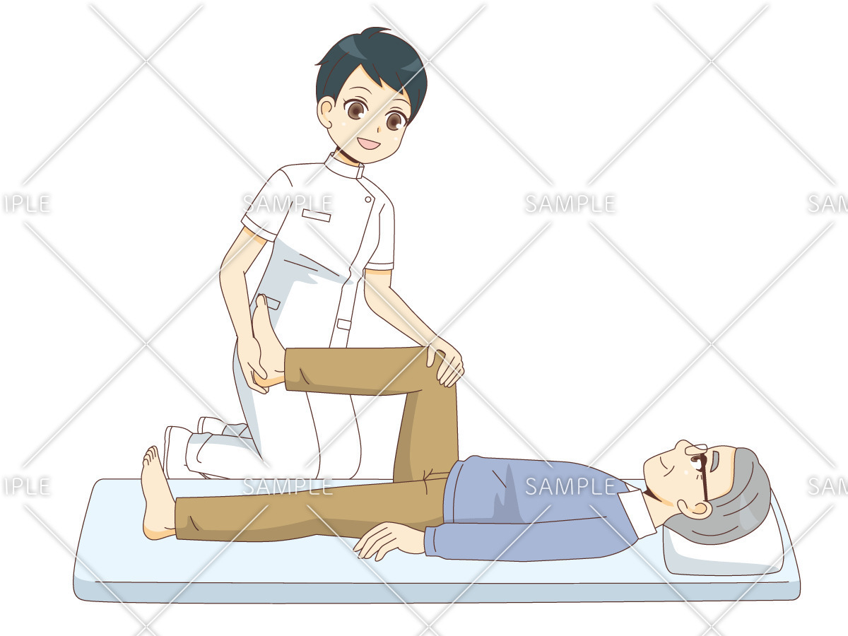 マッサージによるリハビリテーションを行う男性高齢者（足）（リハビリ/介護・生活）のイラスト