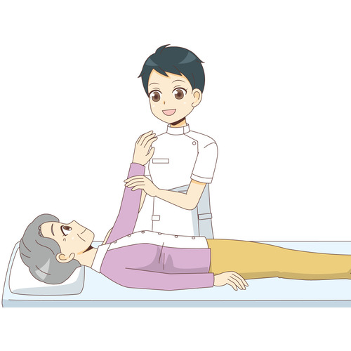 マッサージによるリハビリテーションを行う女性高齢者（腕・肩）（リハビリ/介護・生活）のイラスト