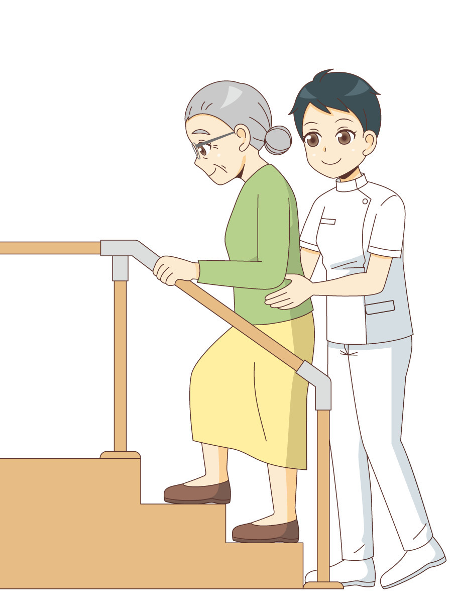 階段でリハビリテーションを行う女性高齢者 リハビリ 介護 生活 の無料イラスト 介護アンテナ