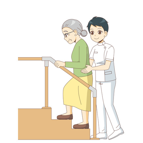 階段でリハビリテーションを行う女性高齢者（リハビリ/介護・生活）のイラスト
