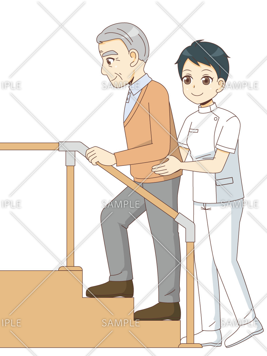 階段でリハビリテーションを行う男性高齢者（リハビリ/介護・生活）のイラスト