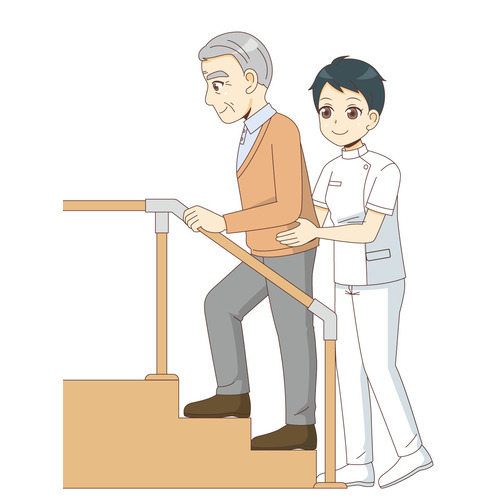 階段でリハビリテーションを行う男性高齢者（リハビリ/介護・生活）のイラスト