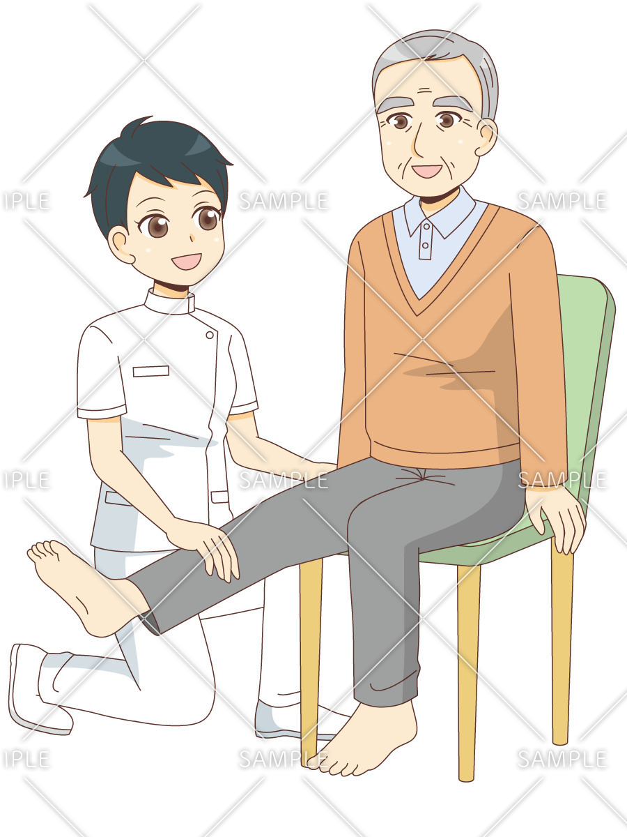 足のリハビリテーションを行う男性高齢者（リハビリ/介護・生活）のイラスト
