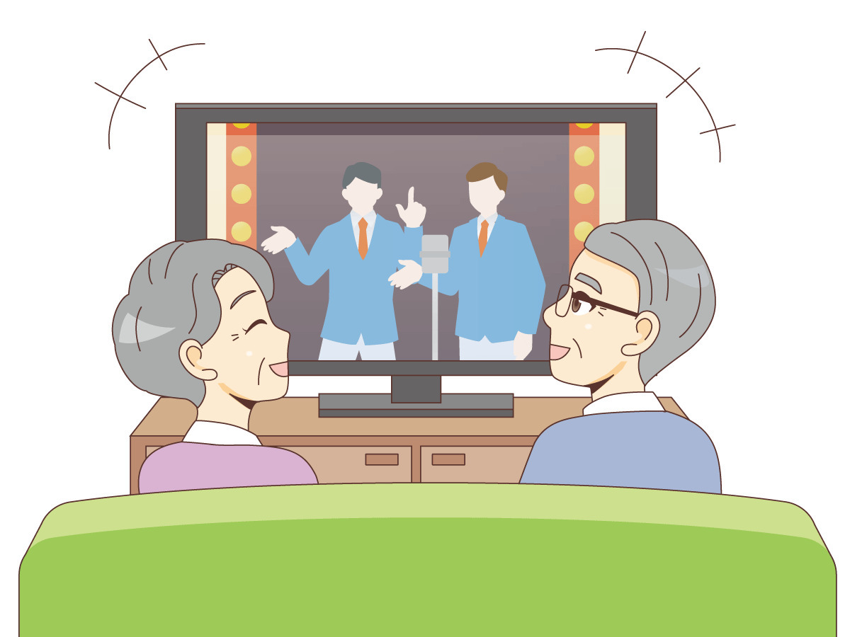 テレビを見る高齢者夫婦 老人ホーム 介護施設 施設 サービス の無料イラスト 介護アンテナ