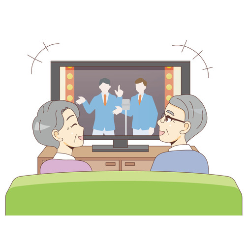テレビを見る高齢者夫婦（老人ホーム・介護施設/施設・サービス）のイラスト