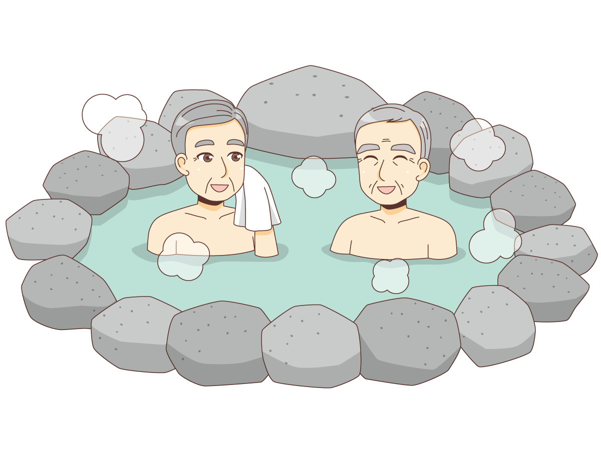 温泉を楽しむ男性高齢者 レクリエーション イベント 介護 生活 の無料イラスト 介護アンテナ