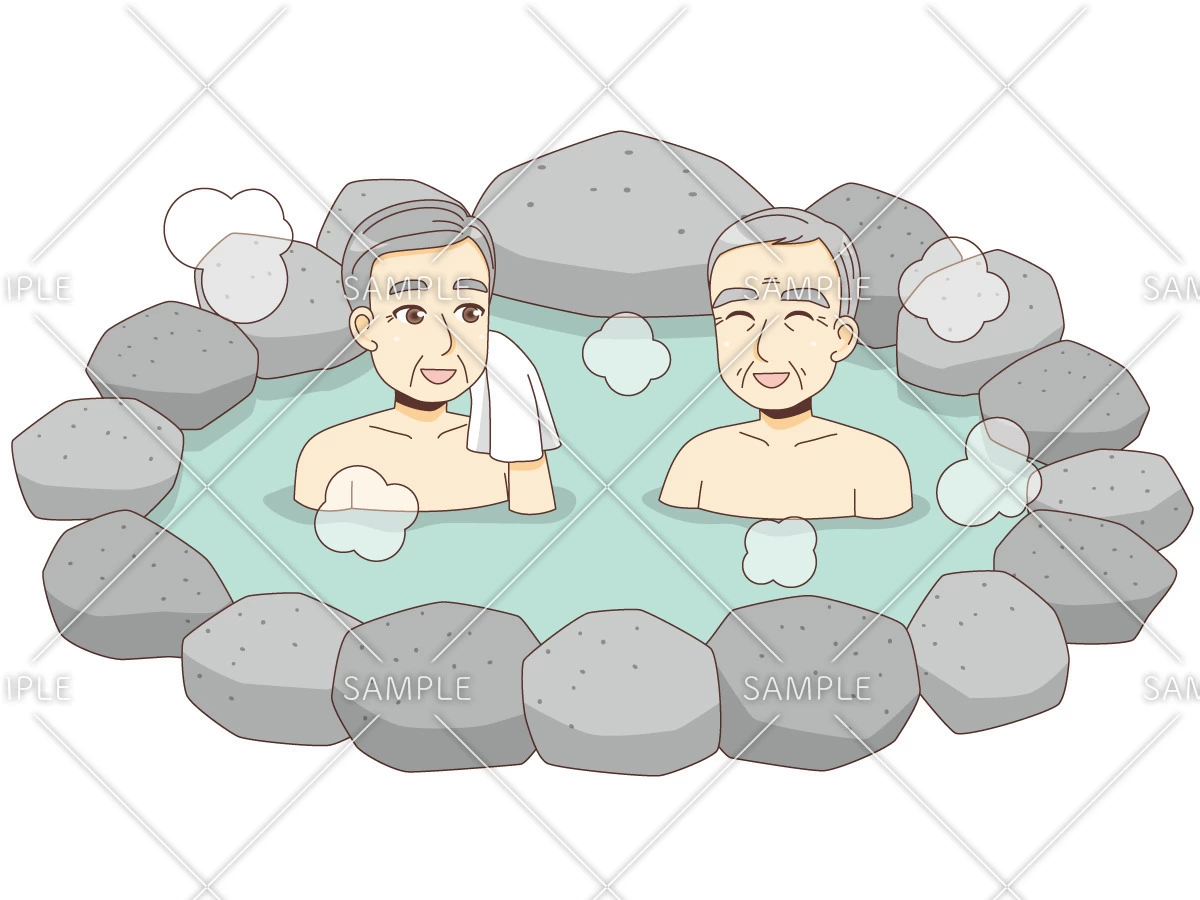 温泉を楽しむ男性高齢者（レクリエーション・イベント/介護・生活）のイラスト