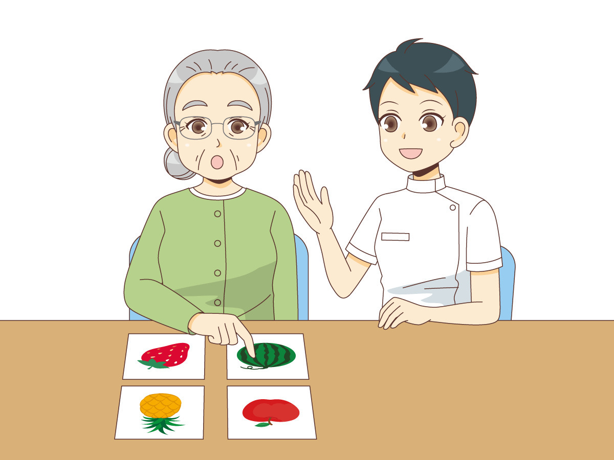 失語症のリハビリテーションを行う女性高齢者 リハビリ 介護 生活 の無料イラスト 介護アンテナ