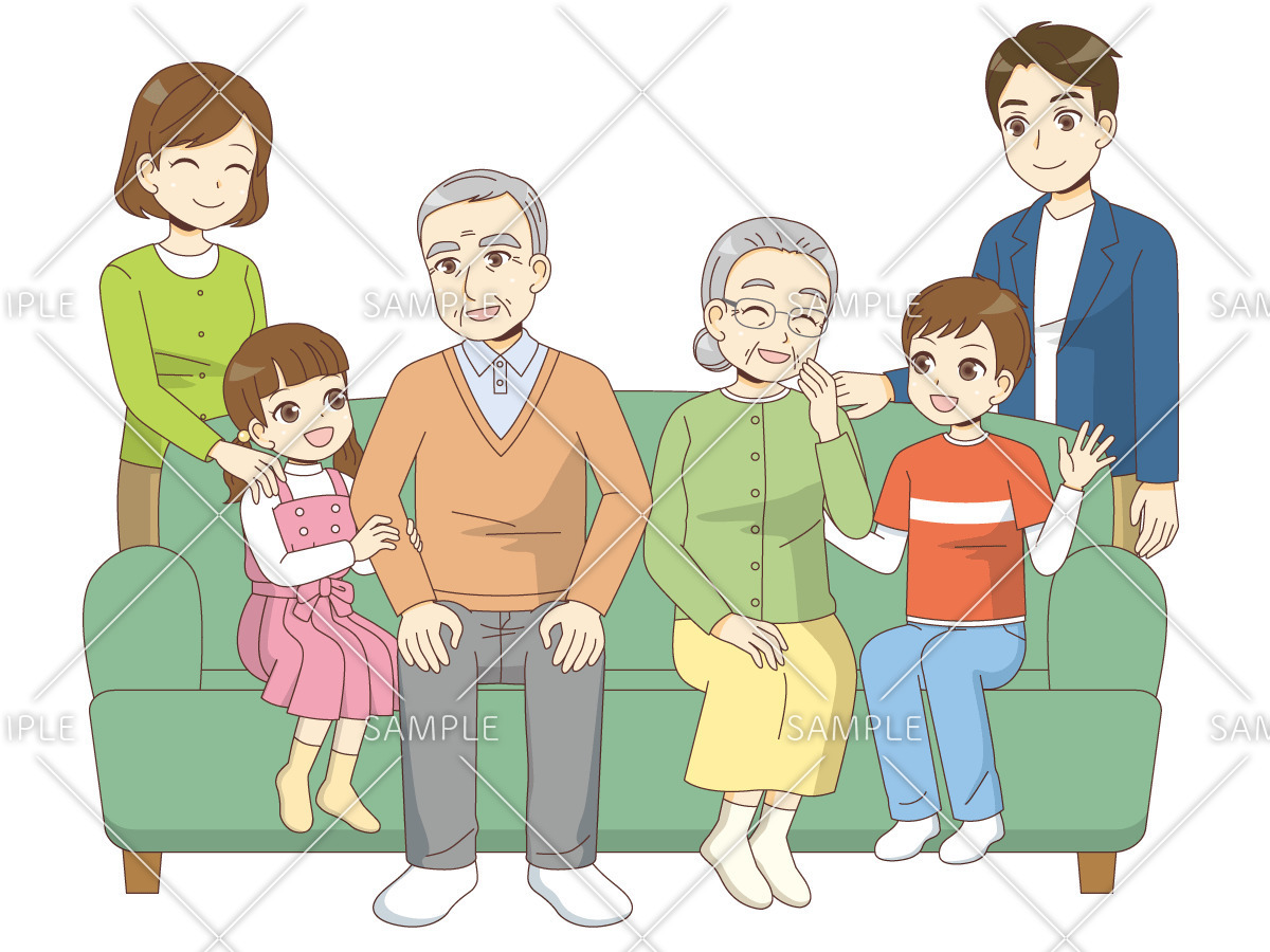 ソファで家族団らんをする高齢者（面会・家族団らん/介護・生活）のイラスト