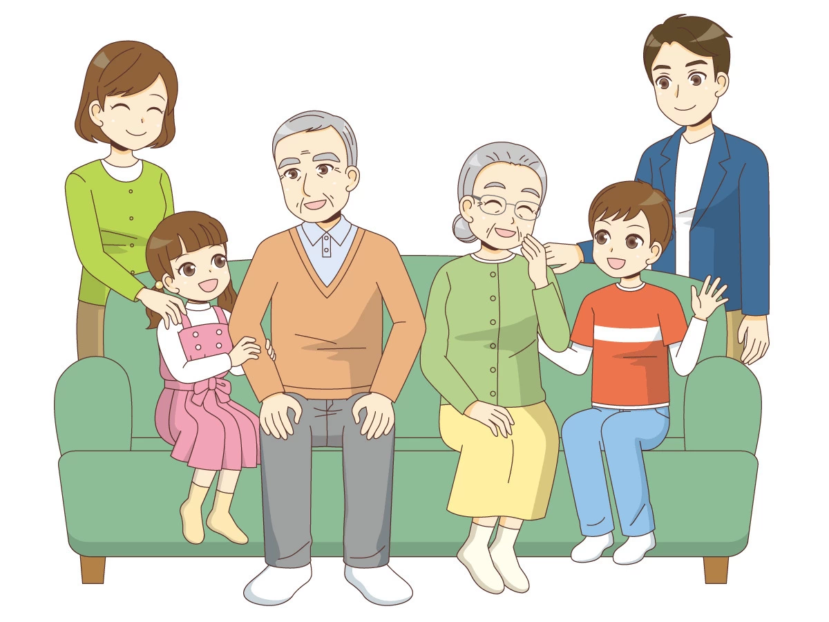 ソファで家族団らんをする高齢者（面会・家族団らん/介護・生活）の無料イラスト | 介護アンテナ