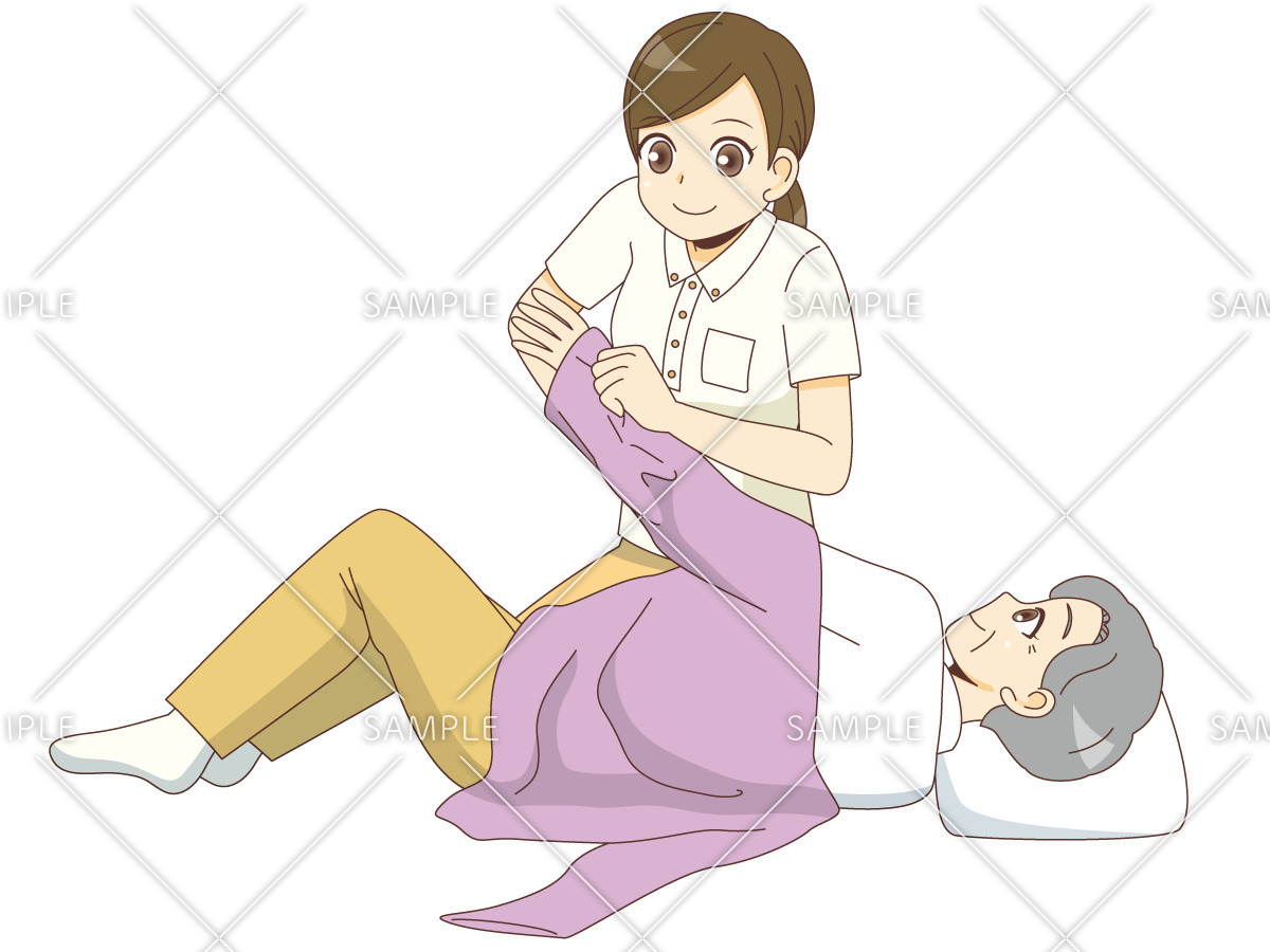 寝たままの高齢者を着脱介助をする女性介護職員（歩行介助・入浴介助・おむつ交換/介護・生活）のイラスト