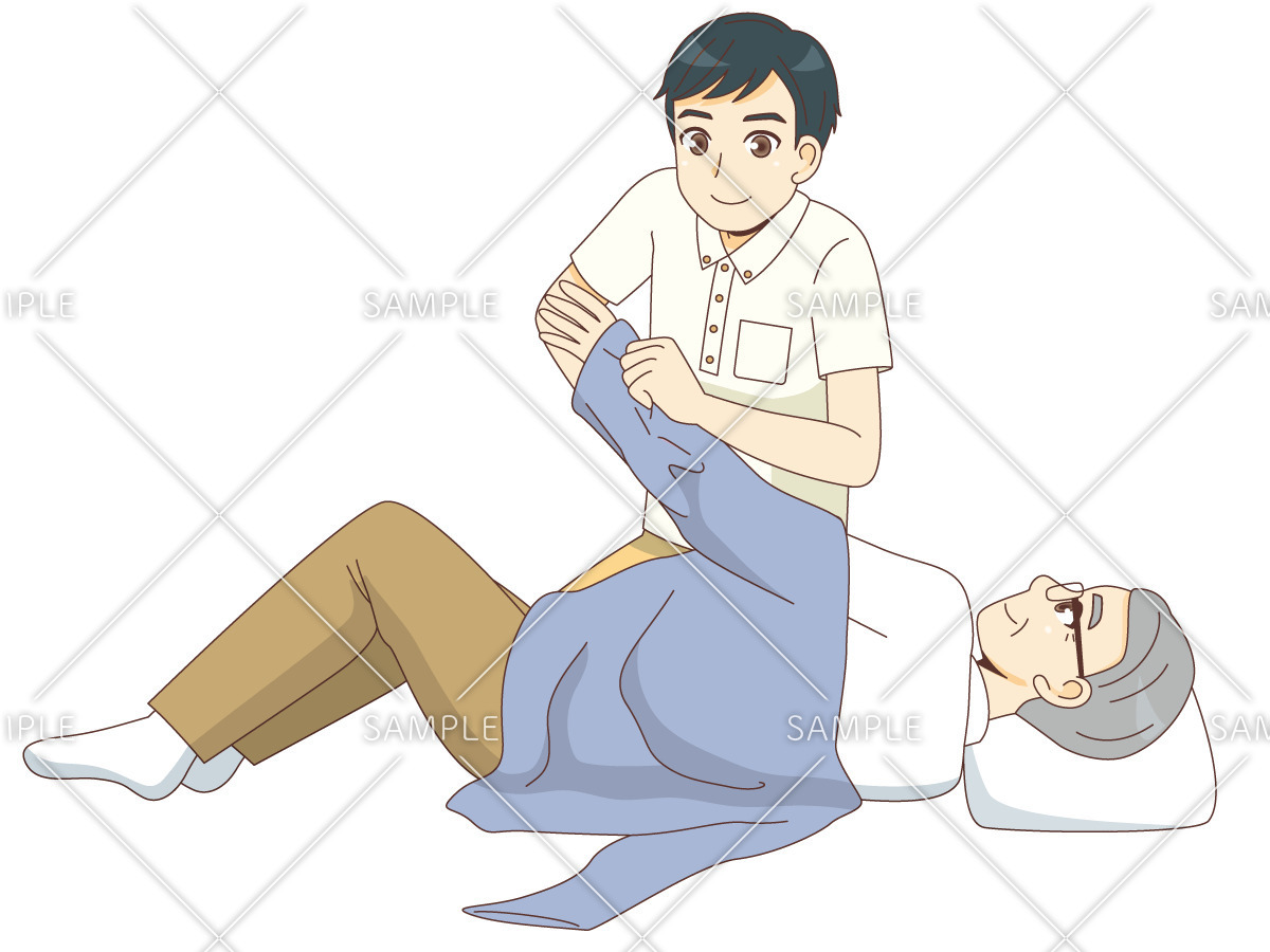 寝たままの高齢者を着脱介助をする男性介護職員（歩行介助・入浴介助・おむつ交換/介護・生活）のイラスト
