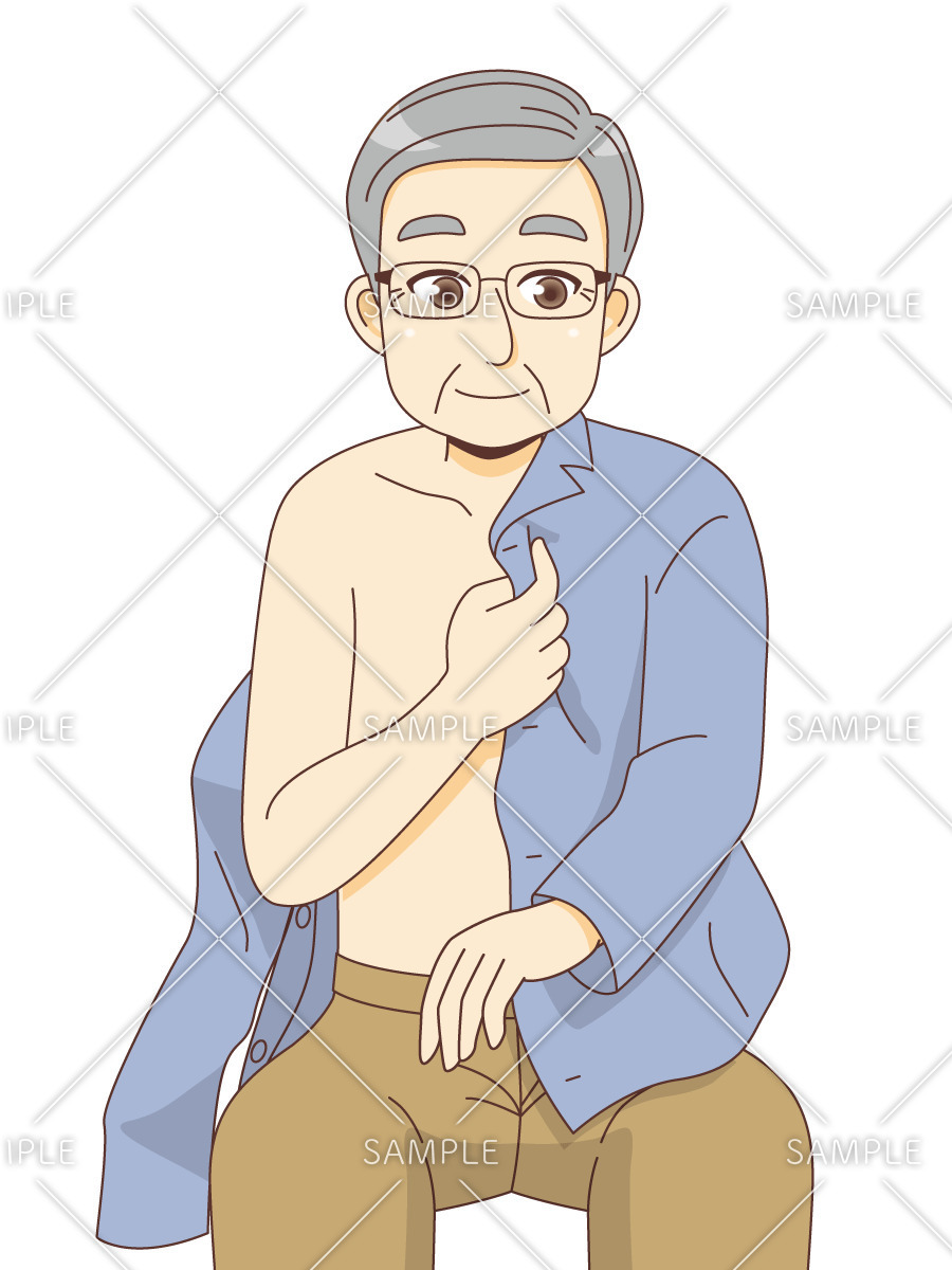 前開きのパジャマを着る片麻痺（左麻痺）の男性高齢者（歩行介助・入浴介助・おむつ交換/介護・生活）のイラスト