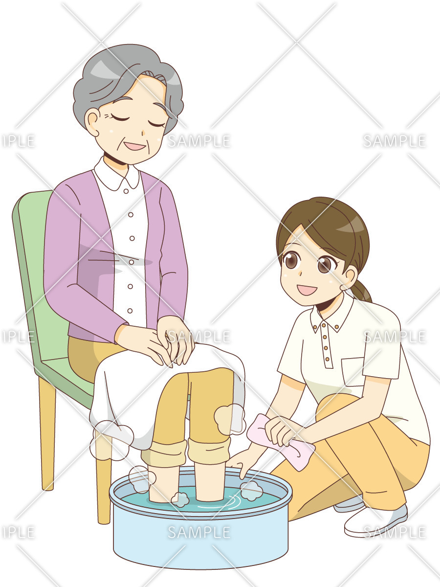 足浴をする女性高齢者（歩行介助・入浴介助・おむつ交換/介護・生活）のイラスト