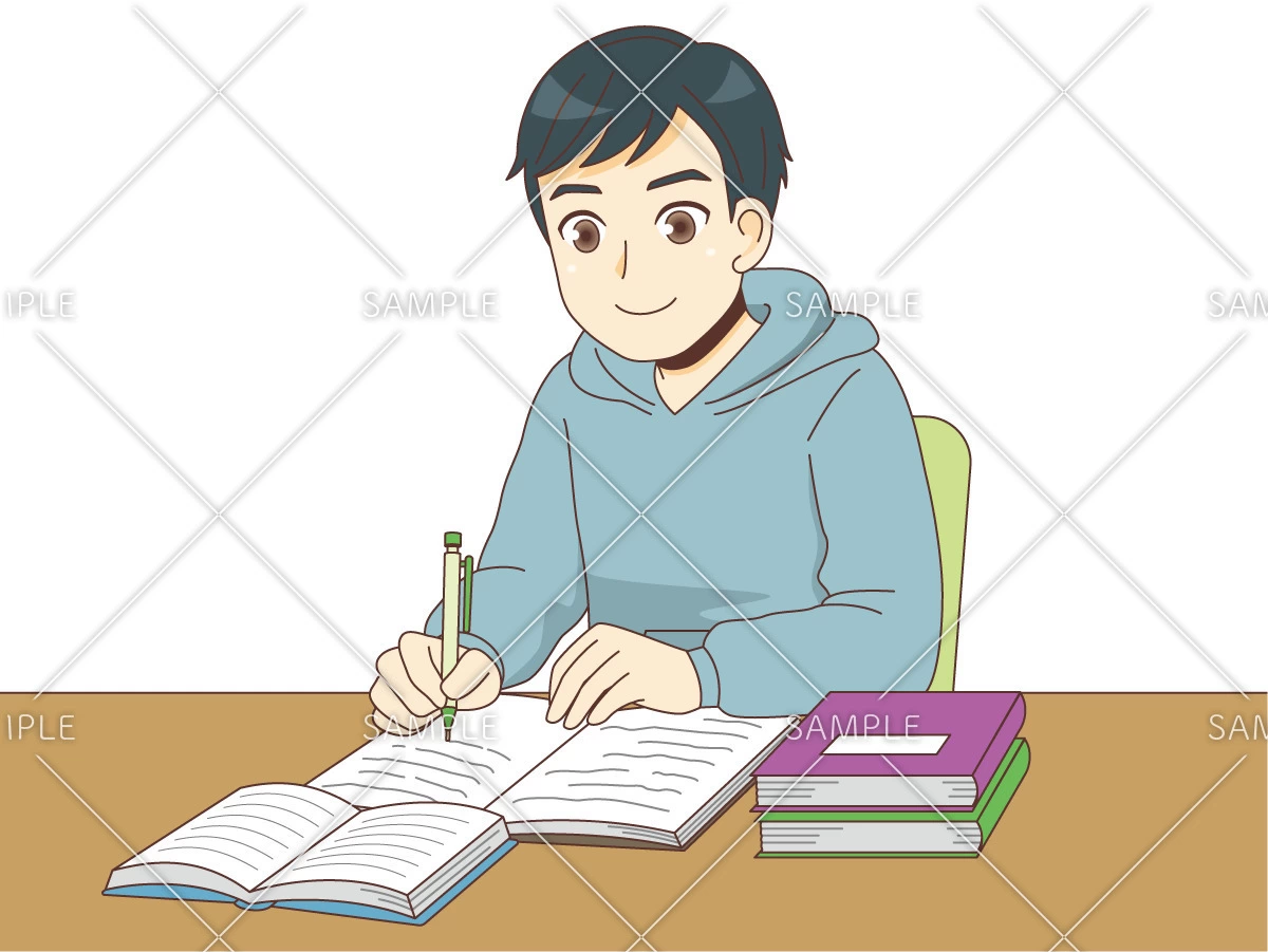 介護福祉士の試験に向けて勉強をする男性介護職（介護士・ヘルパー/介護現場の人物）のイラスト