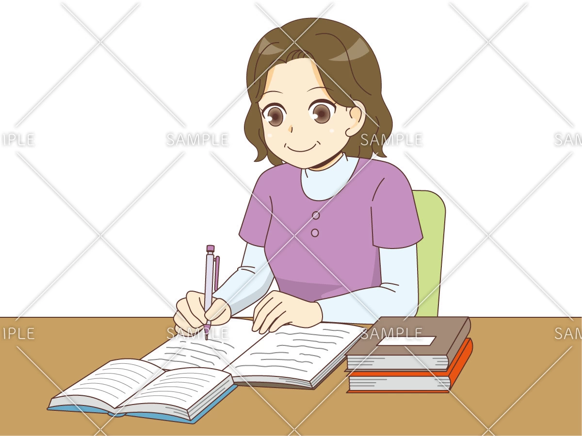 ケアマネジャーの試験に向けて勉強をする女性介護職（ケアマネジャー・社会福祉士/介護現場の人物）のイラスト