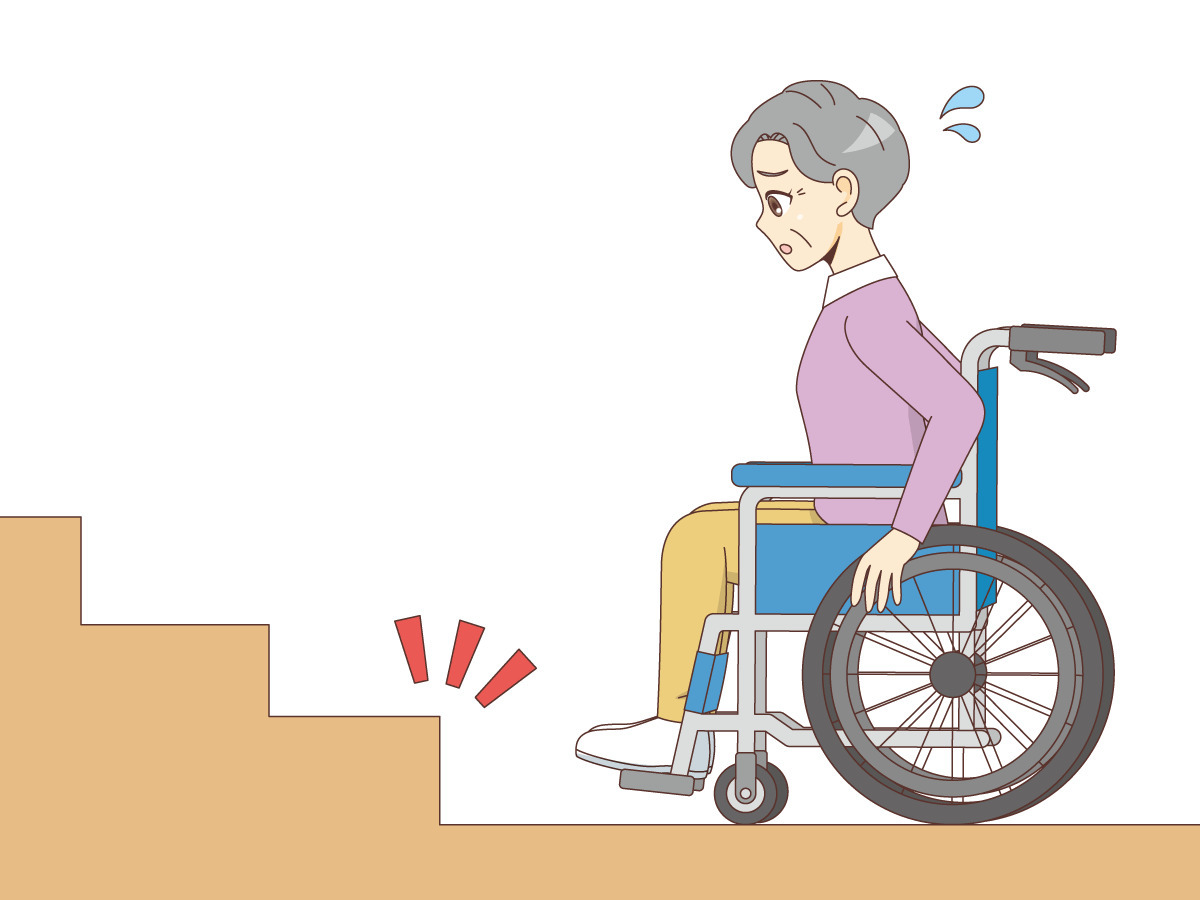 段差に困っている車椅子の女性高齢者 バリアフリー 福祉用具 の無料イラスト 介護アンテナ