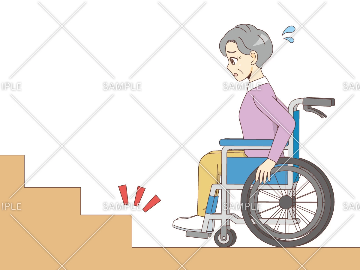 段差に困っている車椅子の女性高齢者（バリアフリー/福祉用具）のイラスト