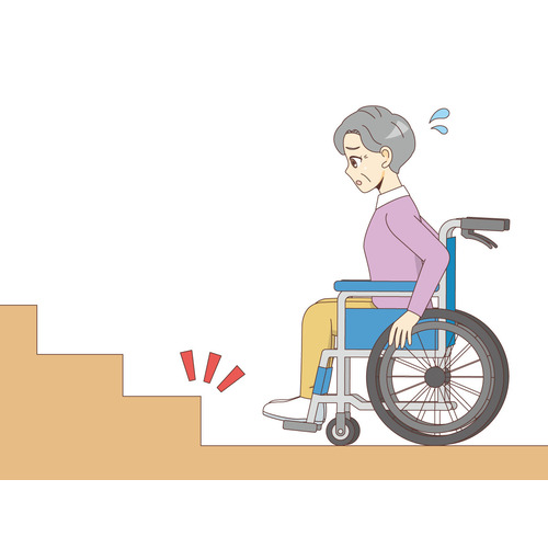 段差に困っている車椅子の女性高齢者（バリアフリー/福祉用具）のイラスト