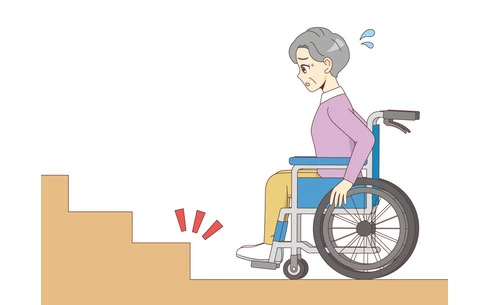 段差に困っている車椅子の女性高齢者（バリアフリー/福祉用具）