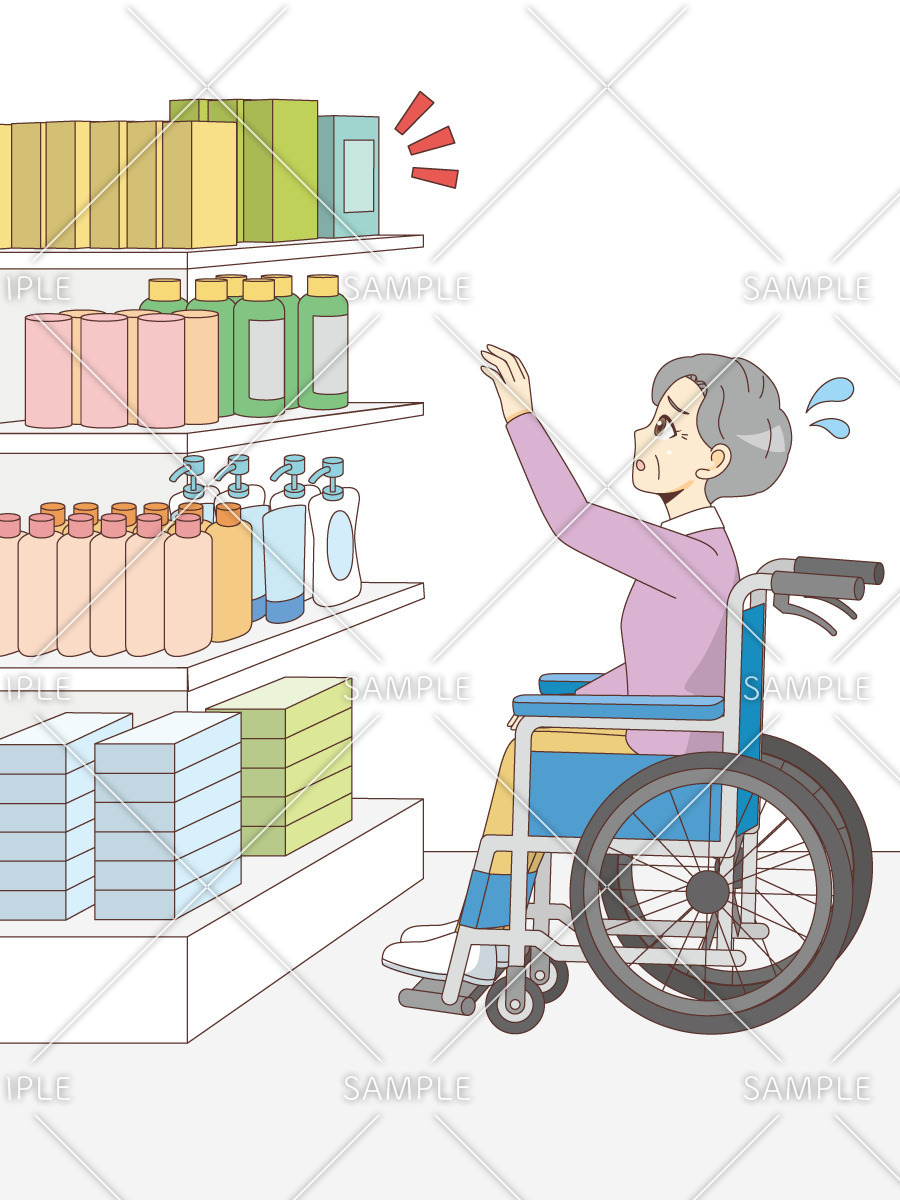 品物に手が届かず困っている車椅子の女性高齢者（バリアフリー/福祉用具）のイラスト